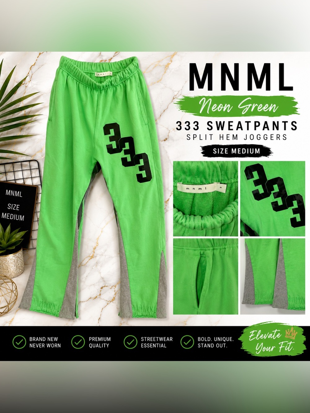 NWOT MNML Neon Green 333 Split Hem Sweatpants Joggers Size Medium